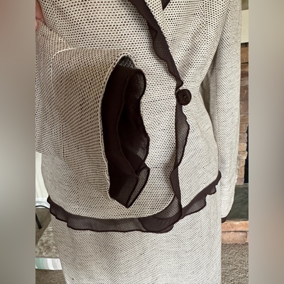 Liz Claiborne Suit Set Skirt Blazer Linen Blend Cream Brown Ruffle Cuff Trim 12P - Picture 5 of 13